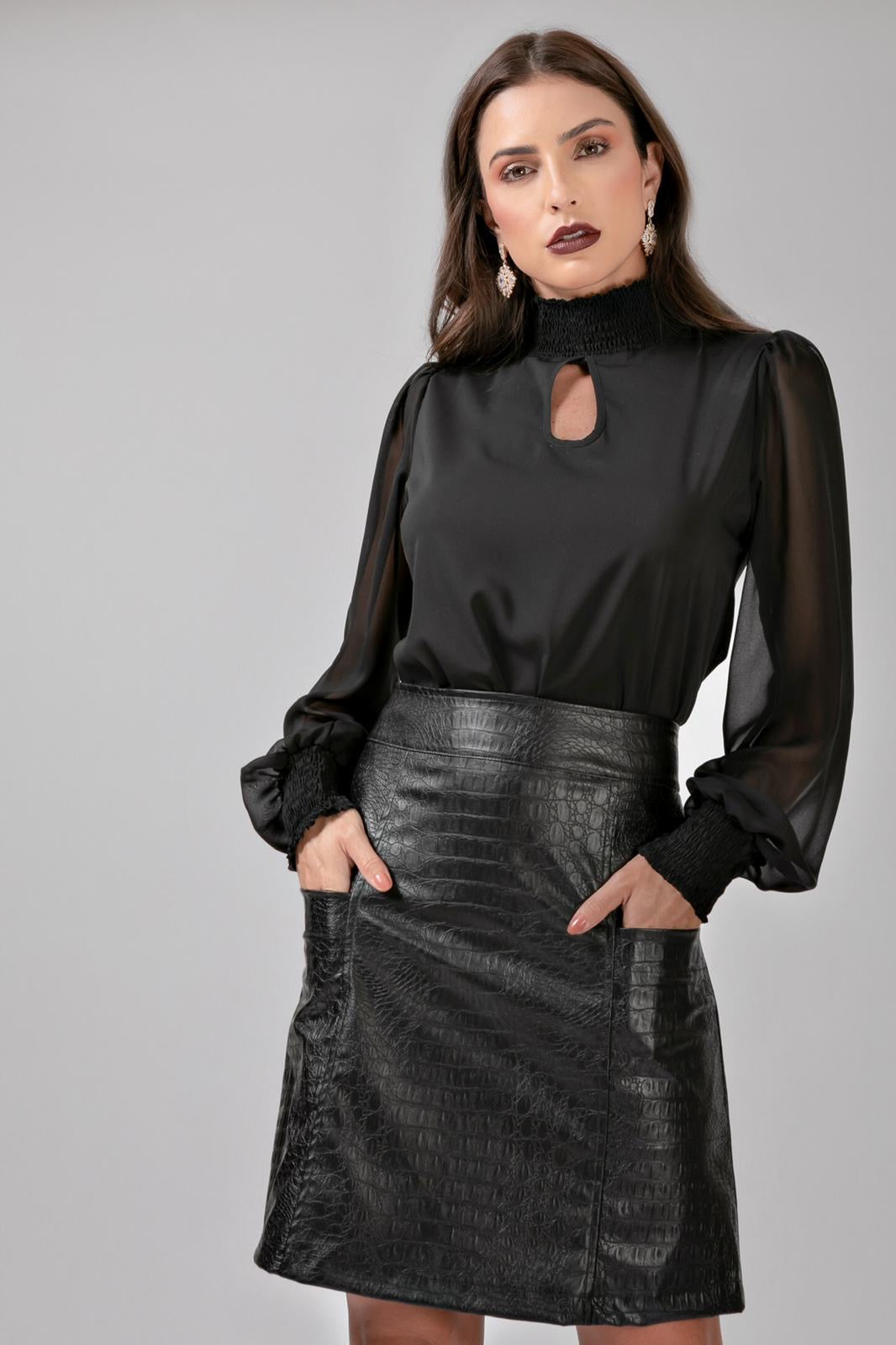 A-Line Fake Leather Black Midi Skirt Helena