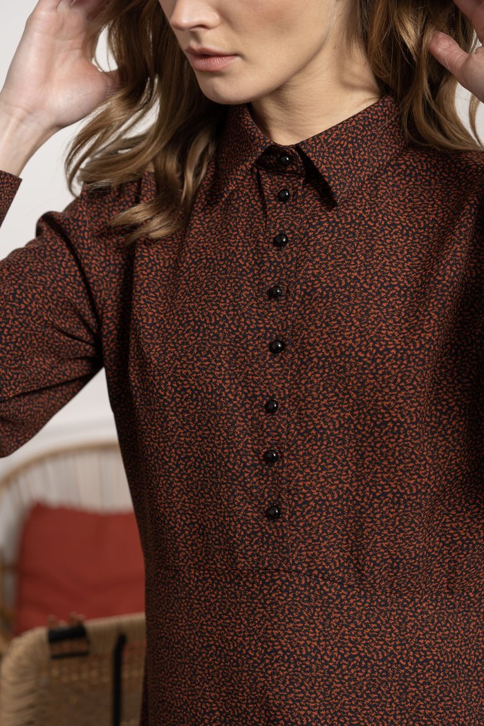 Long Sleeve Brown Printed Shirt Dress Pascale