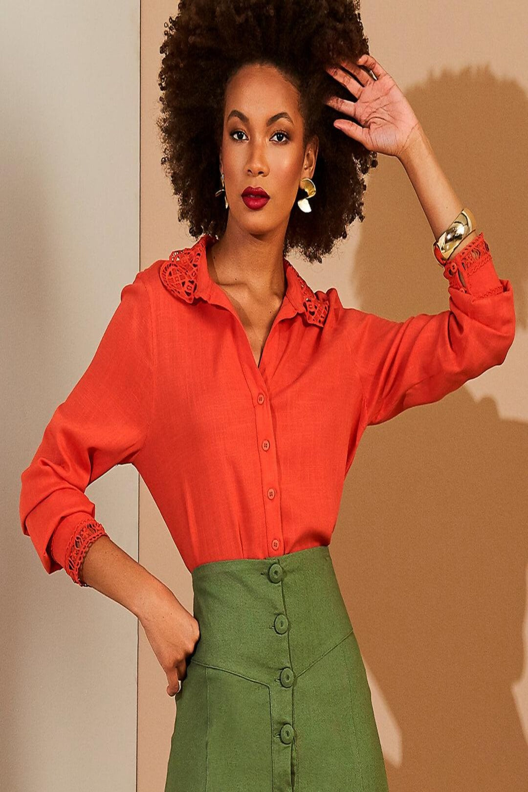 Long Sleeves Orange Embroidered Blouse Cora