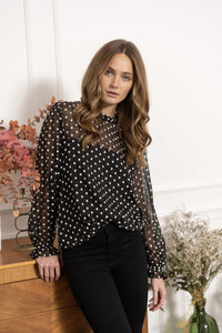 Long Sleeve Black and White Embroidered Blouse Marguerite