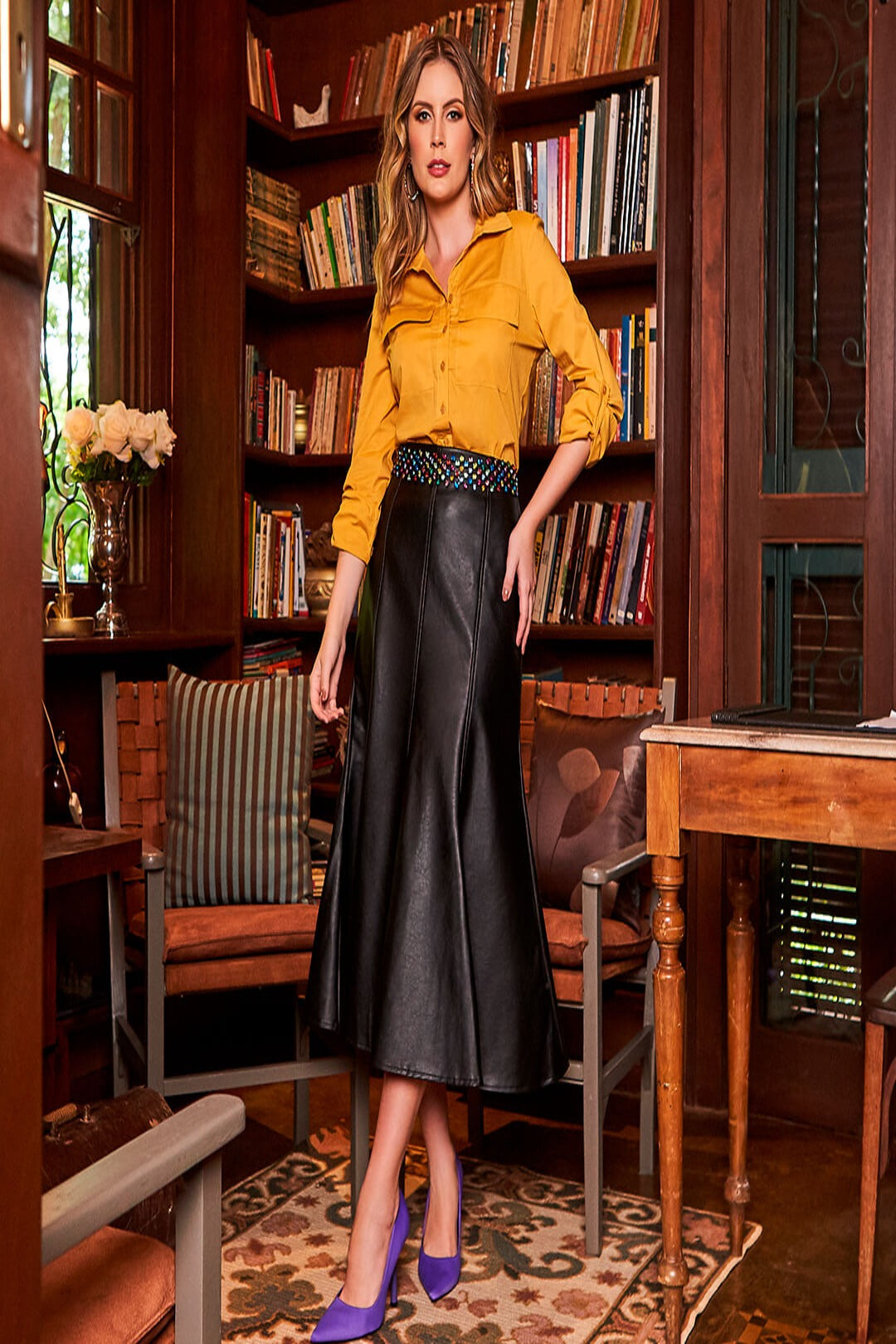 Luxury Faux Leather A-Line Long Skirt Black
