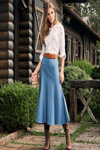 Luxury Faux Leather A-Line Long Skirt Light Blue
