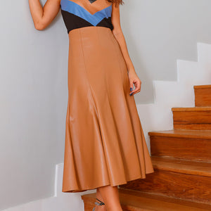 Luxury Faux Leather A-Line Long Skirt Camel